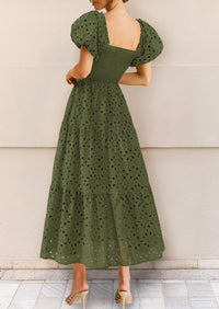 Eyelet Square Neck Puff Sleeve Smocked Maxi Dress with Pockets