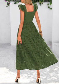 Square Neck Cap Sleeve Eyelet Smocked Tiered A Line Maxi Dresses with Pockets