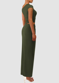 One Shoulder Sleeveless Ruched Slit Bodycon Two Piece Skirt Set