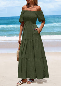 Puff Short Sleeve Square Neck Smocked Tiered Ruffle A Line Flowy Beach Maxi Dresses