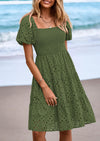 PRETTYGARDEN Womens Summer Puff Sleeve Mini Dress Off Shoulder Eyelet Smocked A Line Casual Babydoll Short Dresses