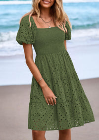 PRETTYGARDEN Womens Summer Puff Sleeve Mini Dress Off Shoulder Eyelet Smocked A Line Casual Babydoll Short Dresses