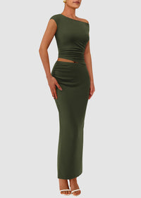 One Shoulder Sleeveless Ruched Slit Bodycon Two Piece Skirt Set