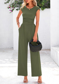 Dressy Ribbed Cap Sleeve Wide Leg Pants Elegant Casual Jumpsuits