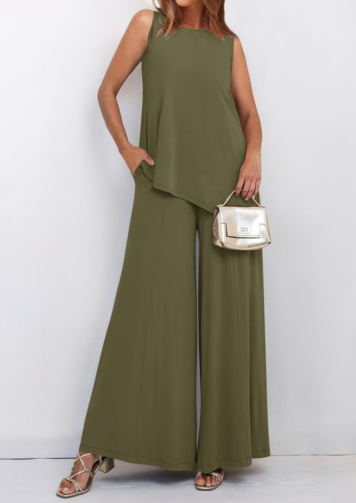 Asymmetrical Split Tank Tops Wide Leg Pants  Two Piece Sets