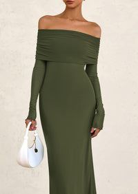 Off The Shoulder Bodycon Long Sleeve Mesh Maxi Dress
