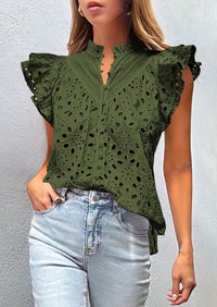 Casual Ruffle Cap Sleeve Button V Neck Embroidered Eyelet Blouses