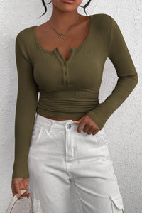 Long Sleeve Henley Button Down Ribbed Knit Slim Fit Casual T-shirts
