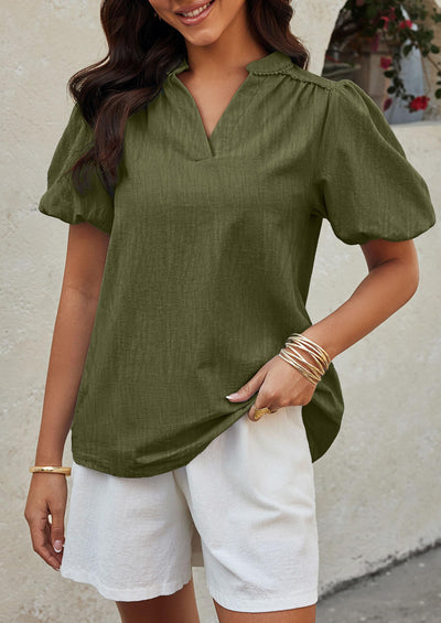 PRETTYGARDEN Womens Casual Summer Tops V Neck Short Puff Sleeve Pleated Cotton T Shirts Loose Dressy Blouses