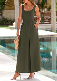 Casual Scoop Neck Sleeveless Patchwork A-line Swing Maxi Dresses with Pockets
