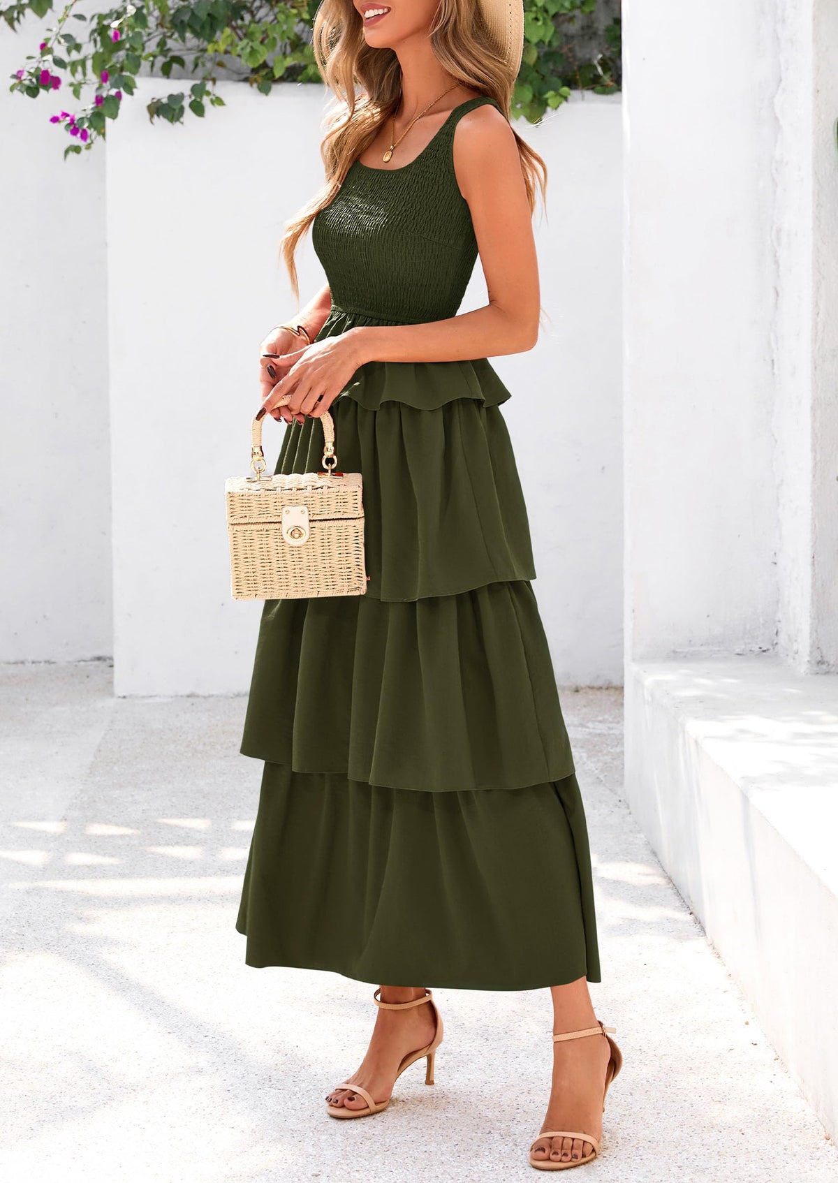 Sleeveless Scoop Neck Smocked A Line Tiered Beach Midi Dress