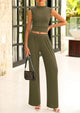 Ribbed Knit Crop Tank Tops Wide Leg Pants 2 Piece Sets
