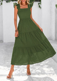 Square Neck Cap Sleeve Eyelet Smocked Tiered A Line Maxi Dresses with Pockets