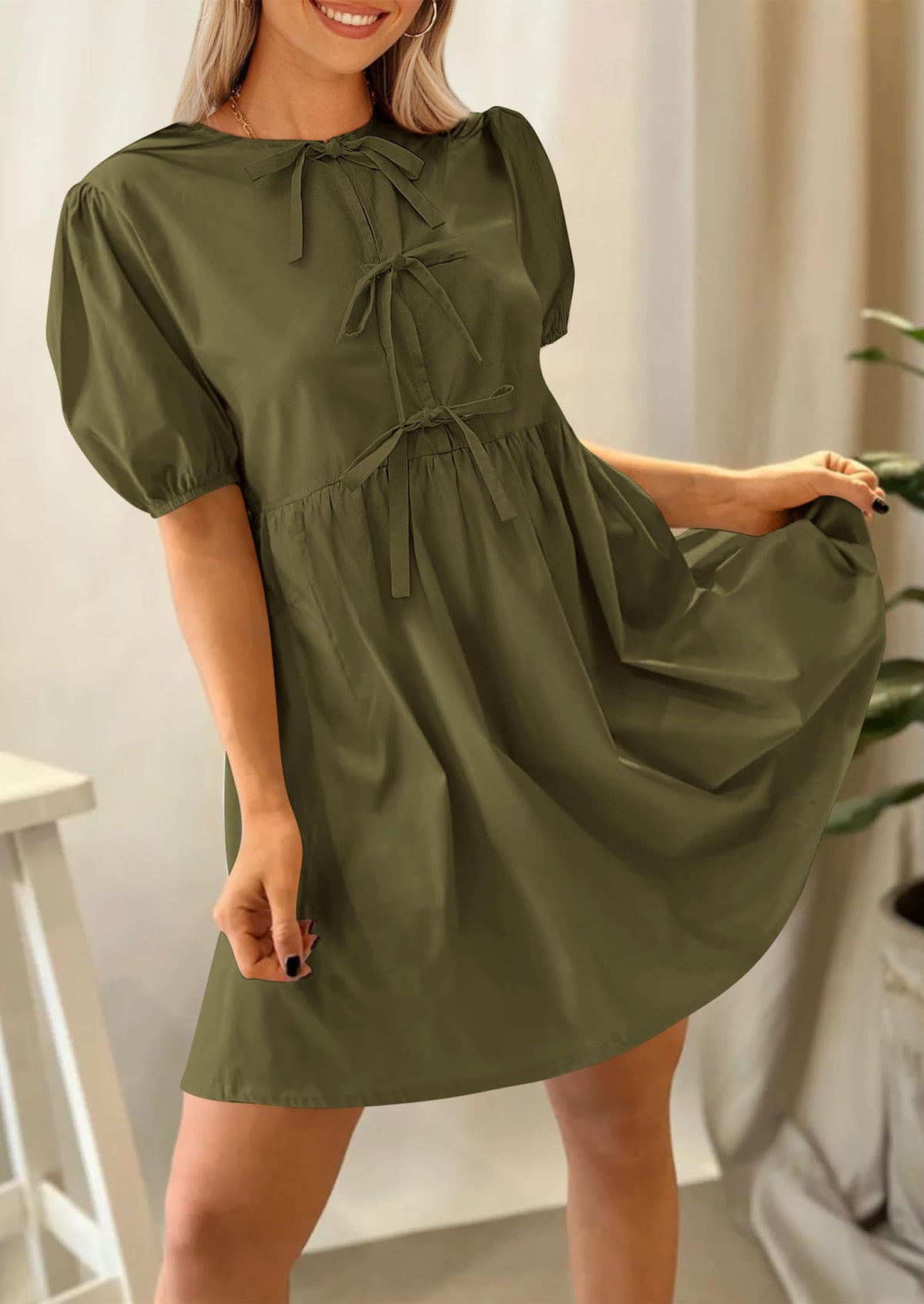 Casual Short Sleeve A Line Bow Tie Front Babydoll Loose Mini Dresses with Pockets