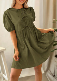 Casual Short Sleeve A Line Bow Tie Front Babydoll Loose Mini Dresses with Pockets