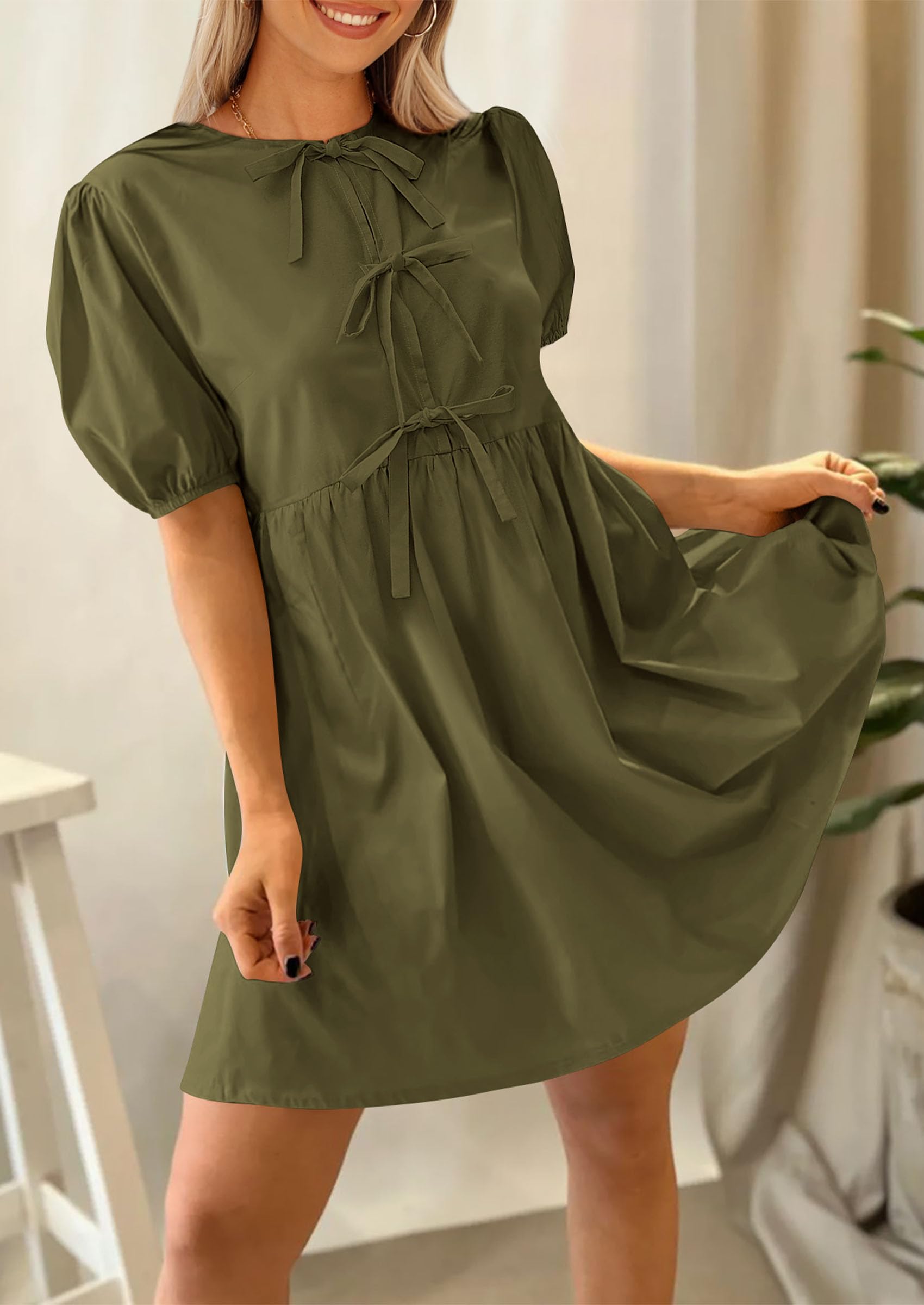 PRETTYGARDEN Womens Summer Casual Short Sleeve Dresses A Line Bow Tie Front Babydoll Loose Cute Mini Dress with Pockets