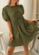 Casual Short Sleeve A Line Bow Tie Front Babydoll Loose Mini Dresses with Pockets