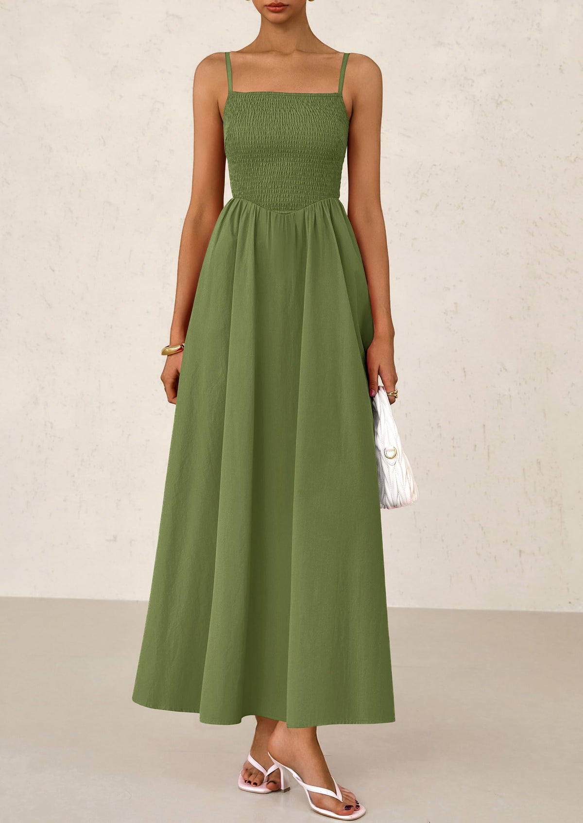 Smocked Beach Casual Spaghetti Strap Swing A Line Flowy Maxi Dresses