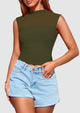 Sheer Mesh Casual Sleeveless Mock Neck Ruched Slim Fitted Tank Tops