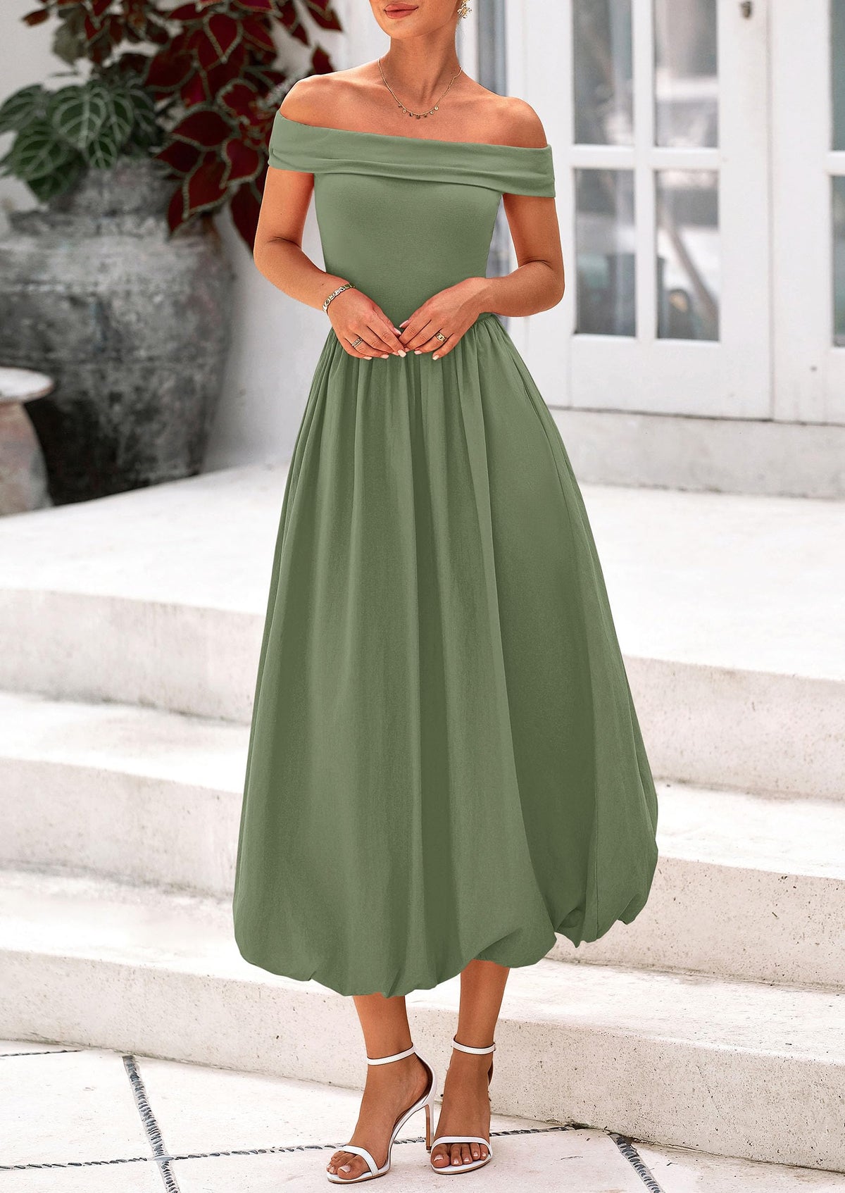 Off Shoulder Sleeveless A Line Midi Dress with Pockets