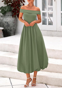 Off Shoulder Sleeveless A Line Midi Dress with Pockets