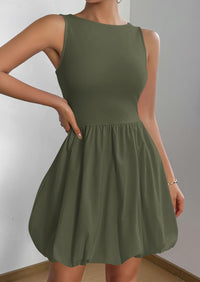 Casual Sleeveless Tank Mini Short Dress Crew Neck Bubble Dress with Pockets