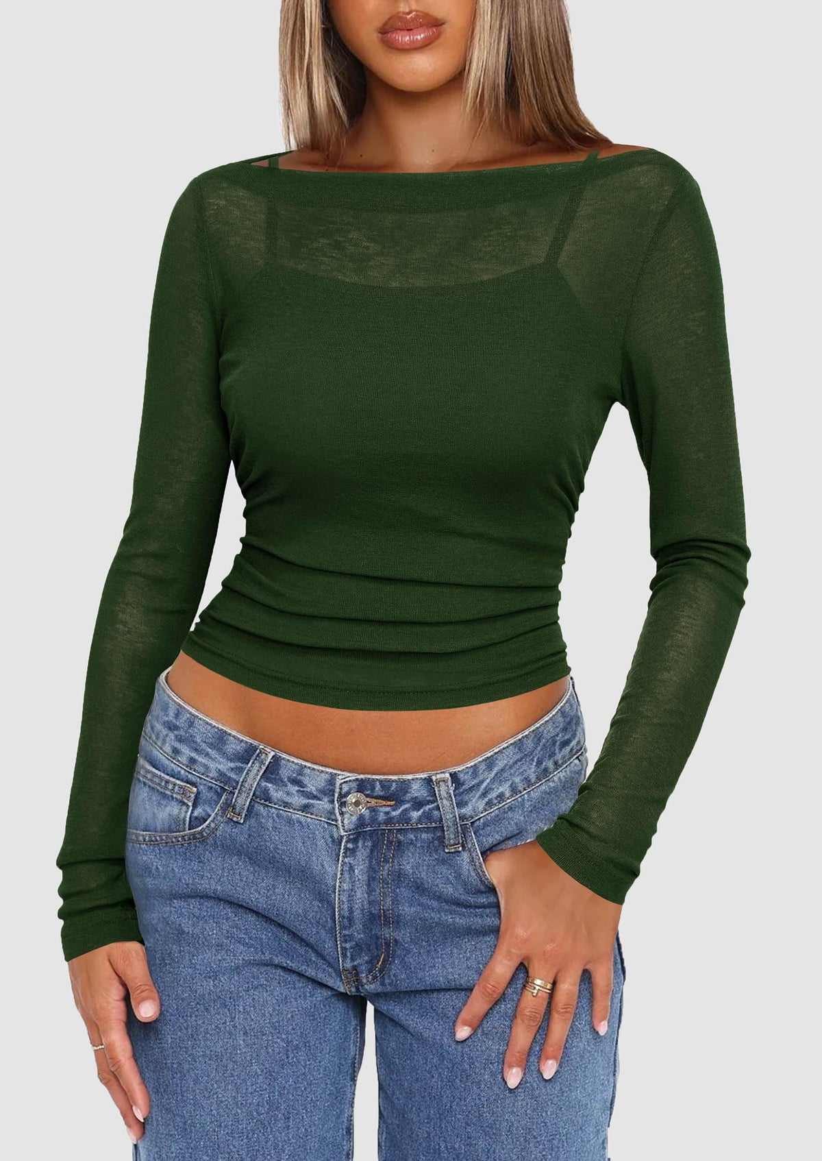 Boat Neck Long Sleeve Sheer Crop Cover Up with Spaghetti Strap Camisole 2 Piece Blouses
