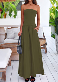 Strapless Patchwork Long Flowy Elegant Tube Top Maxi Dresses with Pockets