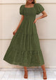 Eyelet Square Neck Puff Sleeve Smocked Maxi Dress with Pockets
