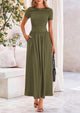 Casual Short Sleeve Ruched Patchwork A Line Pleated Swing Maxi Dresses with Pockets