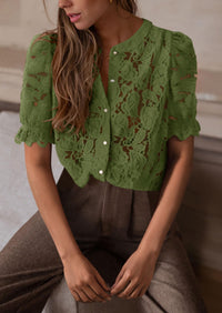 Lace Puff Sleeve Casual Dressy Eyelet Crew Neck Button Down Blouses