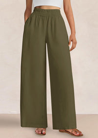 Casual Elastic Waist Loose Flowy Palazzo Pants Trousers with Pockets