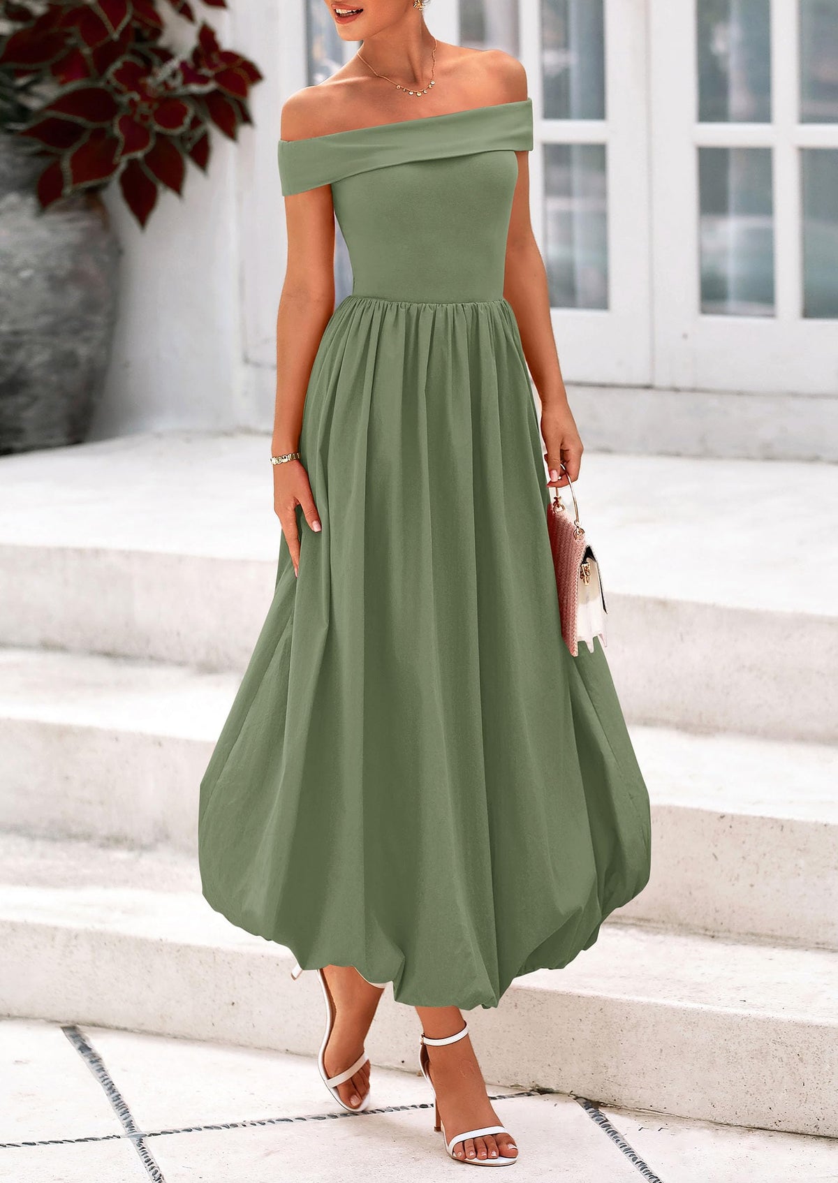 Off Shoulder Sleeveless A Line Midi Dress with Pockets
