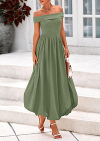 Off Shoulder Sleeveless A Line Midi Dress with Pockets