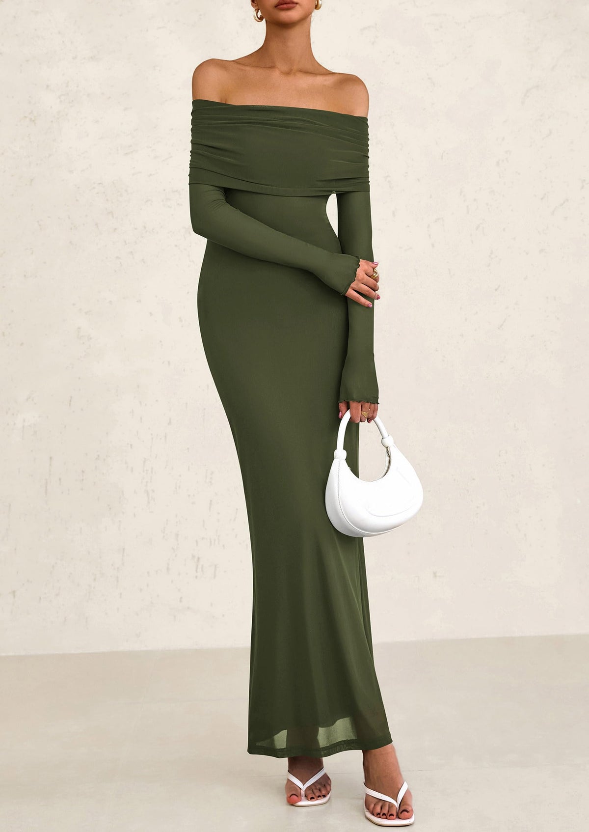Off The Shoulder Bodycon Long Sleeve Mesh Maxi Dress