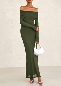Off The Shoulder Bodycon Long Sleeve Mesh Maxi Dress