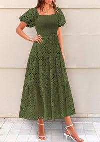 Eyelet Square Neck Puff Sleeve Smocked Maxi Dress with Pockets