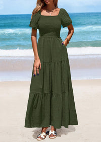 Puff Short Sleeve Square Neck Smocked Tiered Ruffle A Line Flowy Beach Maxi Dresses
