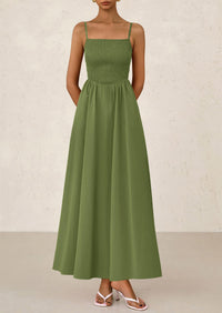 Smocked Beach Casual Spaghetti Strap Swing A Line Flowy Maxi Dresses