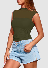 Sheer Mesh Casual Sleeveless Mock Neck Ruched Slim Fitted Tank Tops