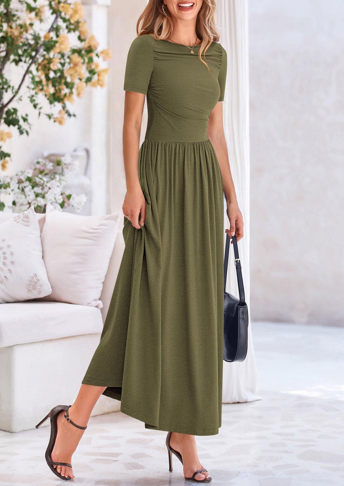 Casual Short Sleeve Ruched Patchwork A Line Pleated Swing Maxi Dresses with Pockets
