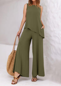 Asymmetrical Split Tank Tops Wide Leg Pants  Two Piece Sets