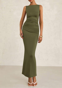 Sleeveless Ruched Bodycon Slit Long Maxi Dresses