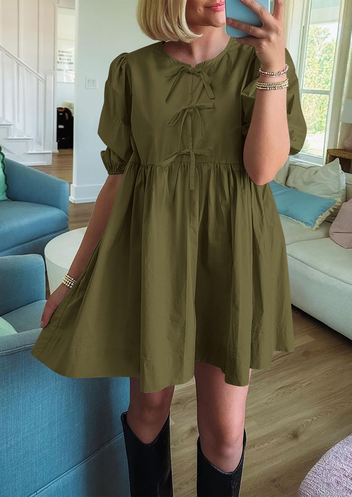 Casual Short Sleeve A Line Bow Tie Front Babydoll Loose Mini Dresses with Pockets