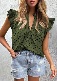 Casual Ruffle Cap Sleeve Button V Neck Embroidered Eyelet Blouses