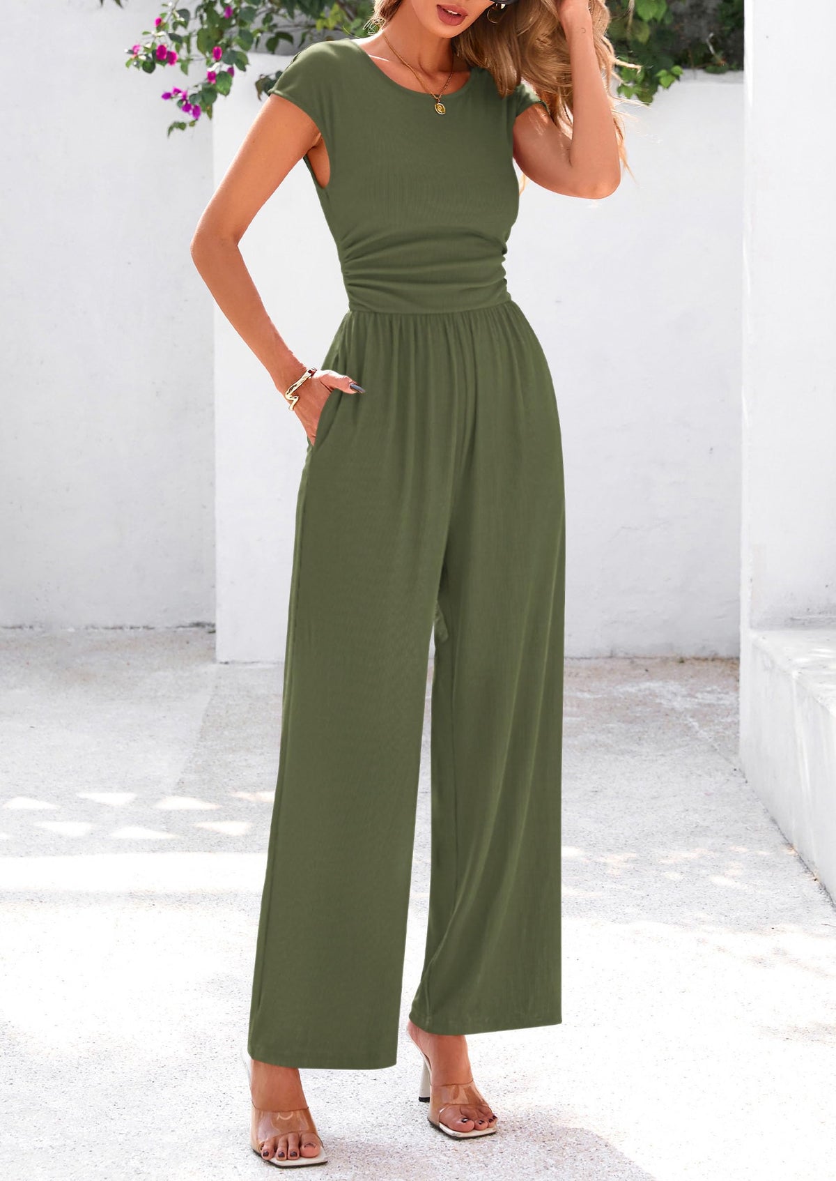 Dressy Ribbed Cap Sleeve Wide Leg Pants Elegant Casual Jumpsuits
