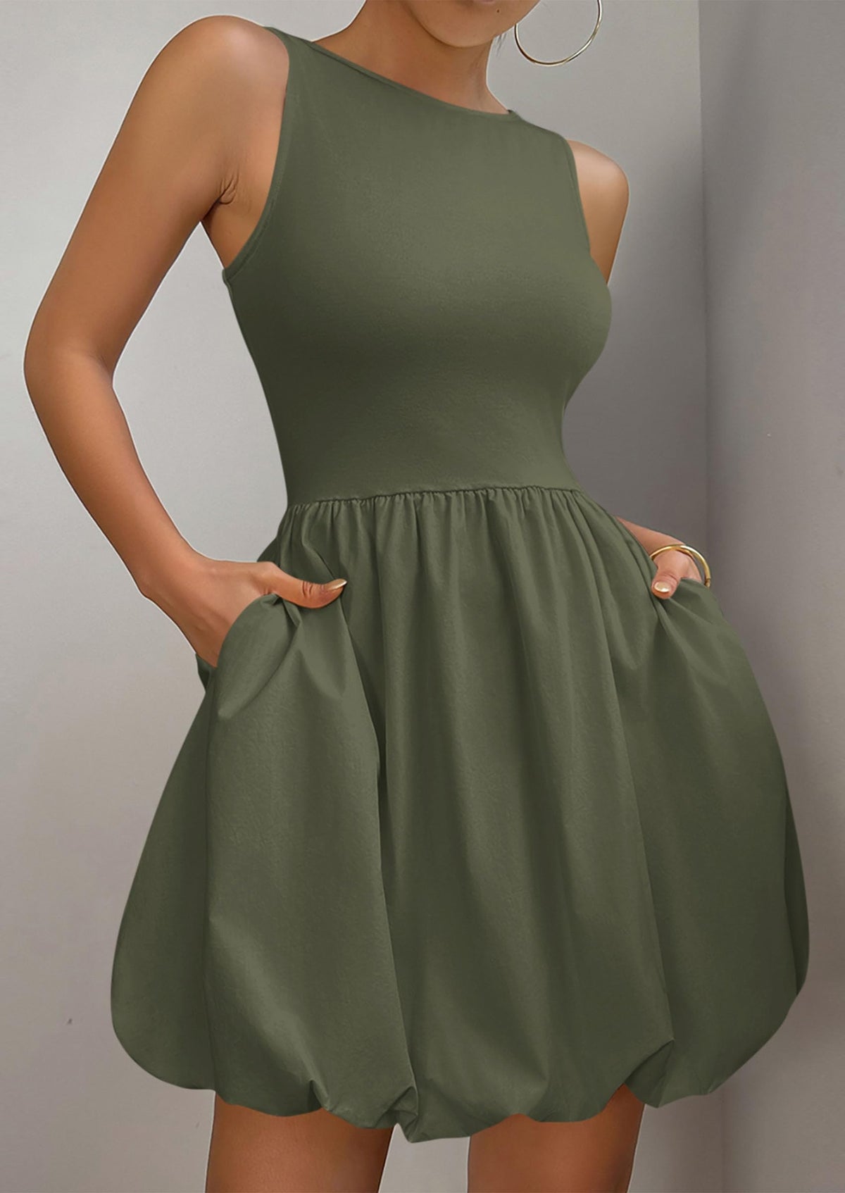 Casual Sleeveless Tank Mini Short Dress Crew Neck Bubble Dress with Pockets