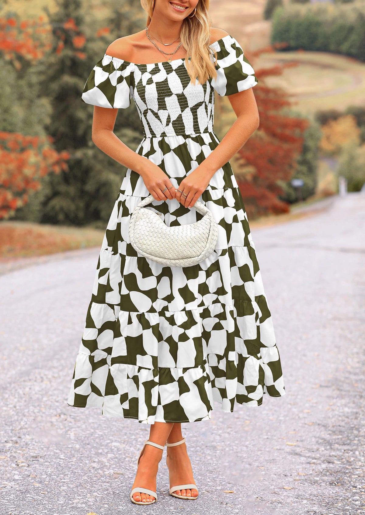 Off Shoulder Puff Sleeve Print Smocked Ruffle Beach Flowy Boho Midi Dress