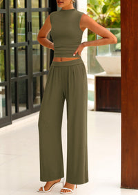 Ribbed Knit Crop Tank Tops Wide Leg Pants 2 Piece Sets
