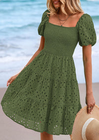 PRETTYGARDEN Womens Summer Puff Sleeve Mini Dress Off Shoulder Eyelet Smocked A Line Casual Babydoll Short Dresses